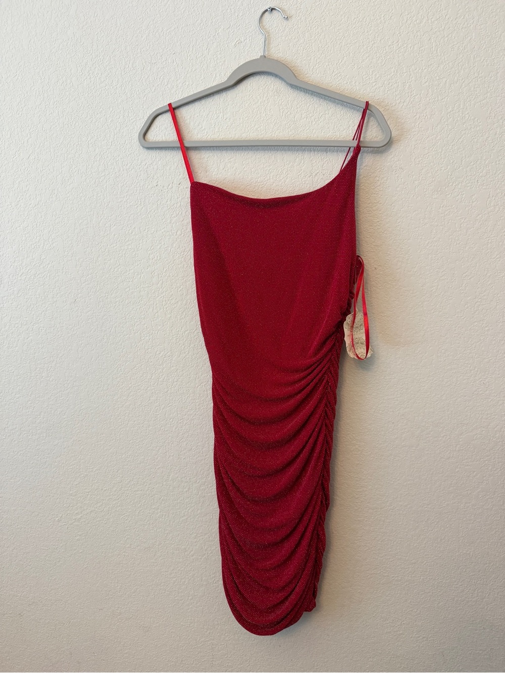 One Shoulder Red Ruched Slip Dress